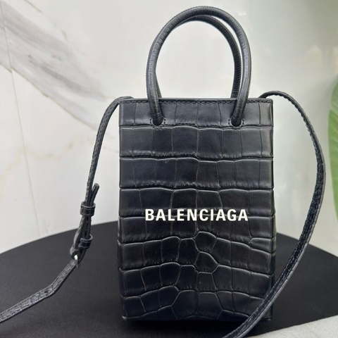 98新Balenciaga巴黎世家黑色鰐魚壓紋mini托特包手提斜挎包 黑色鰐魚 尺寸12.5x4x18cm
