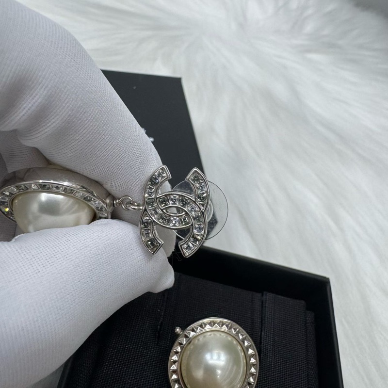 Chanel香奈兒雙C珍珠耳環 滿鑽雙C 圓環滿鑽鑲嵌珍珠吊墜-3