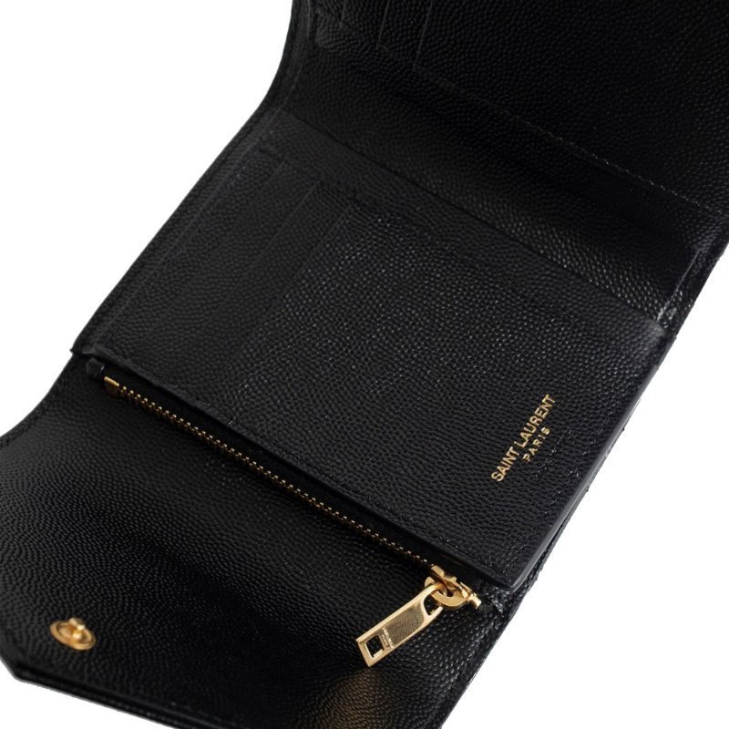 【YSL】SAINT LAURENT Cassandre 荔枝皮 皮革 三折開釦 短夾 卡夾 零錢包 黑色 金色 403943-2