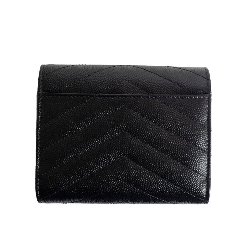 【YSL】SAINT LAURENT Cassandre 荔枝皮 皮革 三折開釦 短夾 卡夾 零錢包 黑色 金色 403943-3