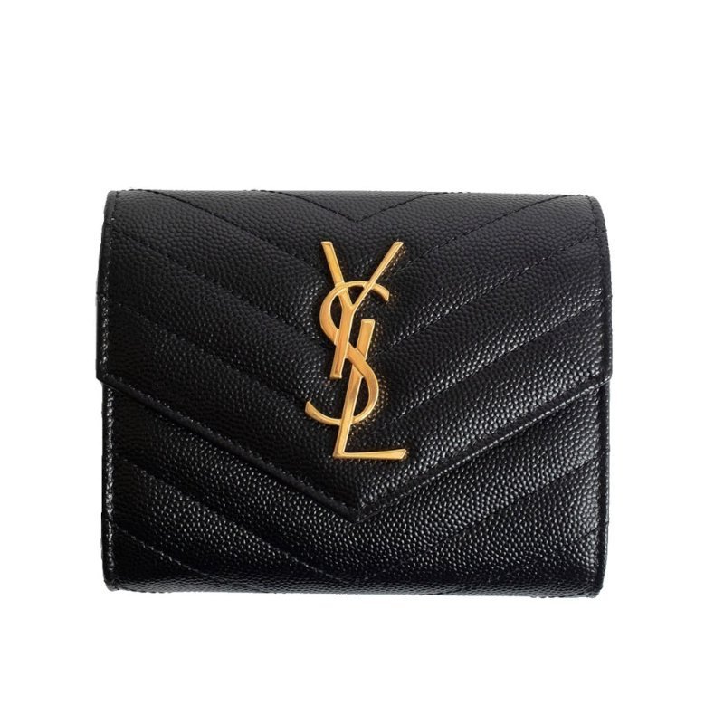 【YSL】SAINT LAURENT Cassandre 荔枝皮 皮革 三折開釦 短夾 卡夾 零錢包 黑色 金色 403943-4