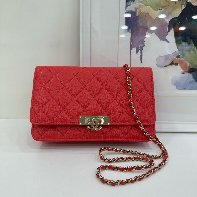 CHANEL 香奈兒 cf 大mini 紅色菱格紋羊皮銀扣鏈條包斜挎包 底長20 30開 有卡-1
