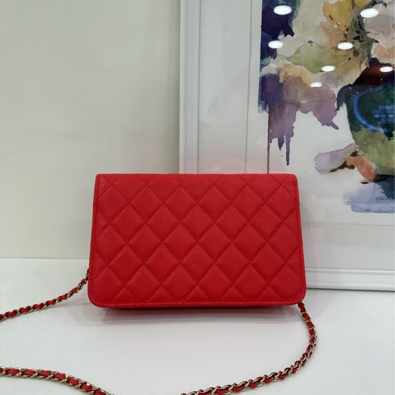 CHANEL 香奈兒 cf 大mini 紅色菱格紋羊皮銀扣鏈條包斜挎包 底長20 30開 有卡-2