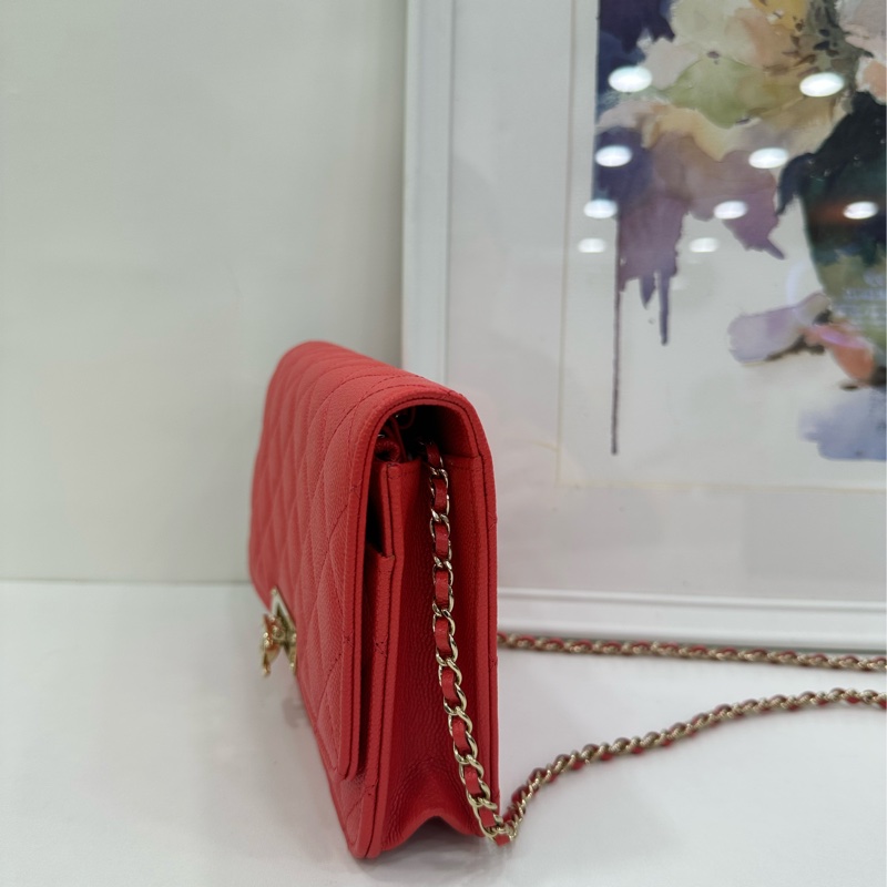 CHANEL 香奈兒 cf 大mini 紅色菱格紋羊皮銀扣鏈條包斜挎包 底長20 30開 有卡-3