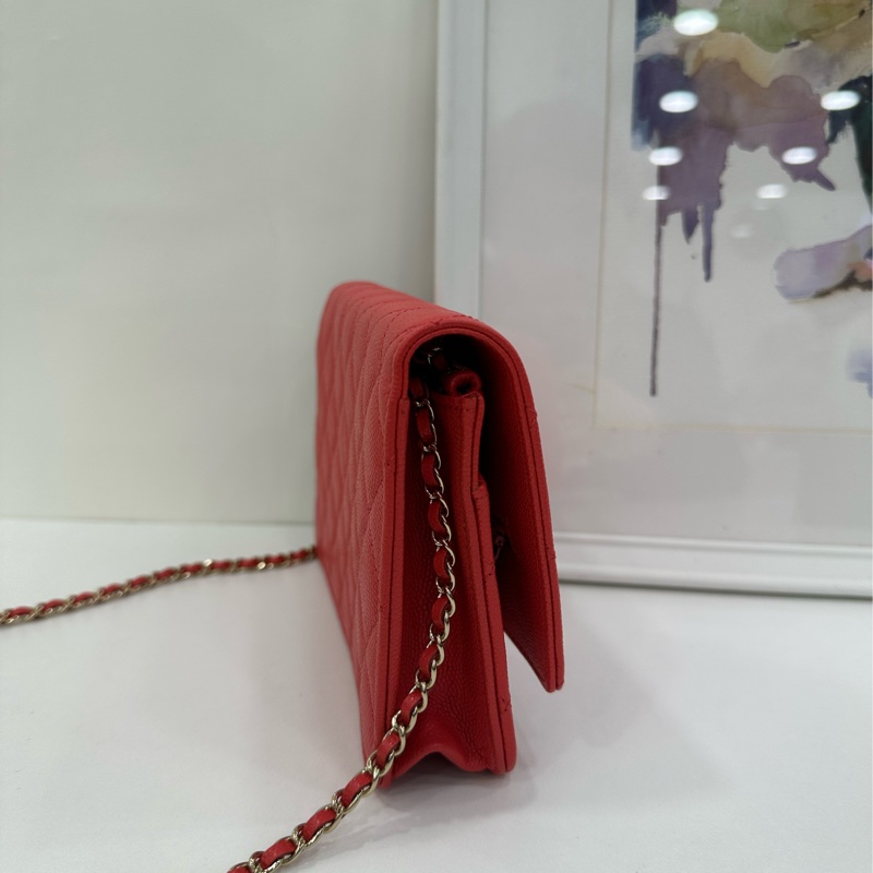CHANEL 香奈兒 cf 大mini 紅色菱格紋羊皮銀扣鏈條包斜挎包 底長20 30開 有卡-4