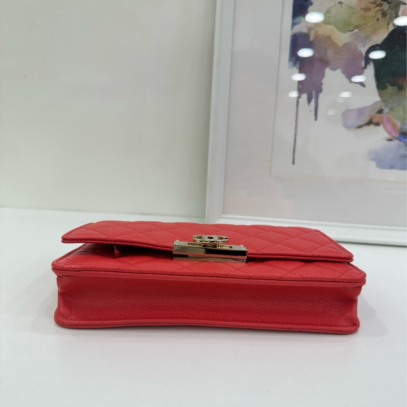 CHANEL 香奈兒 cf 大mini 紅色菱格紋羊皮銀扣鏈條包斜挎包 底長20 30開 有卡-5