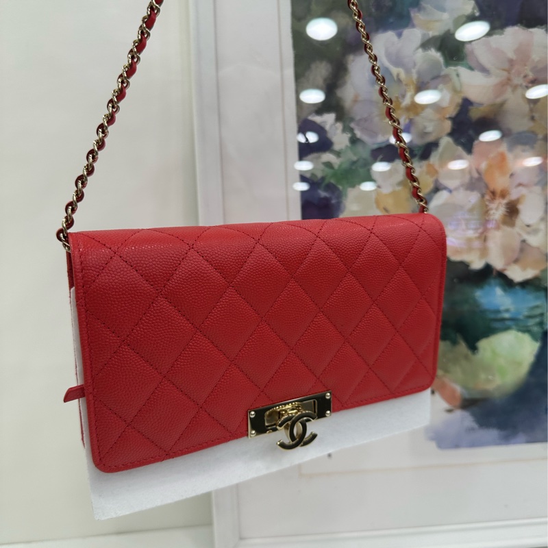 CHANEL 香奈兒 cf 大mini 紅色菱格紋羊皮銀扣鏈條包斜挎包 底長20 30開 有卡-6