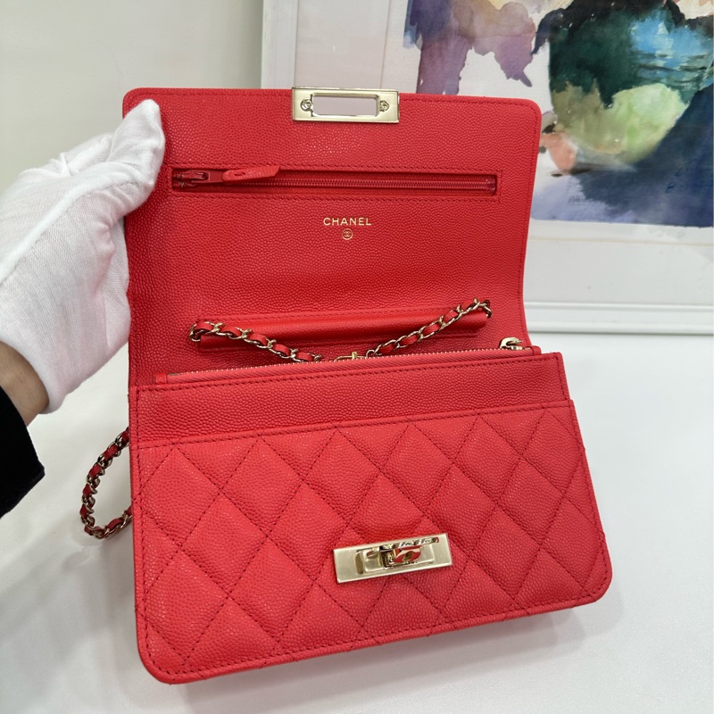 CHANEL 香奈兒 cf 大mini 紅色菱格紋羊皮銀扣鏈條包斜挎包 底長20 30開 有卡-7