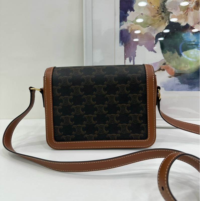 CELINE賽琳 Teen Triomphe 金色鎖扣凱旋門老花印花 帆布拼牛皮革 單肩斜背包 小號 有購證-3