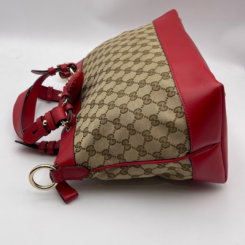 Gucci/古驰 爱心型挂饰帆布拼皮手提肩背包-2