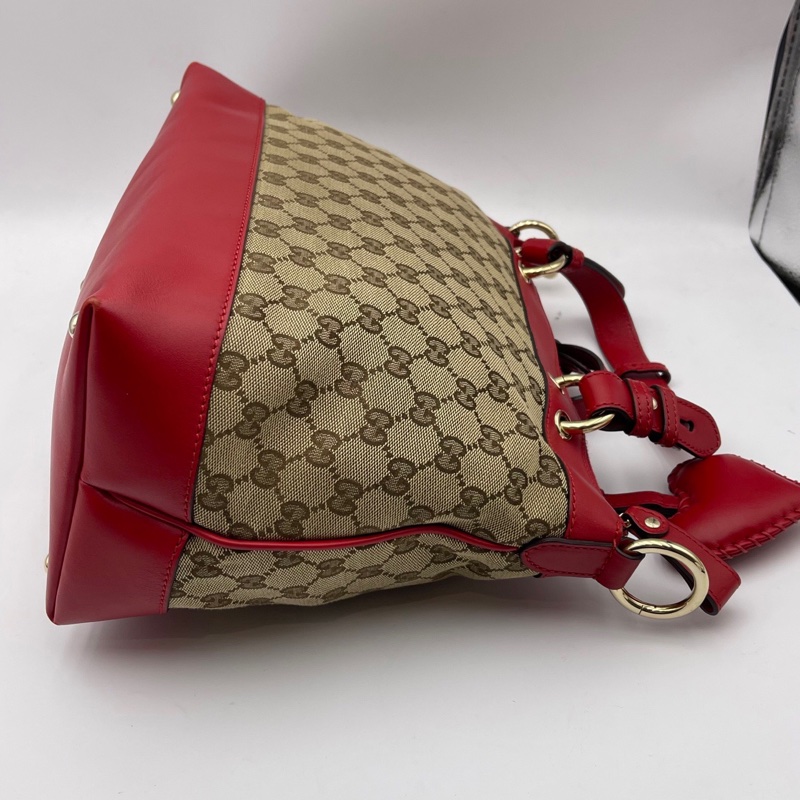 Gucci/古驰 爱心型挂饰帆布拼皮手提肩背包-3