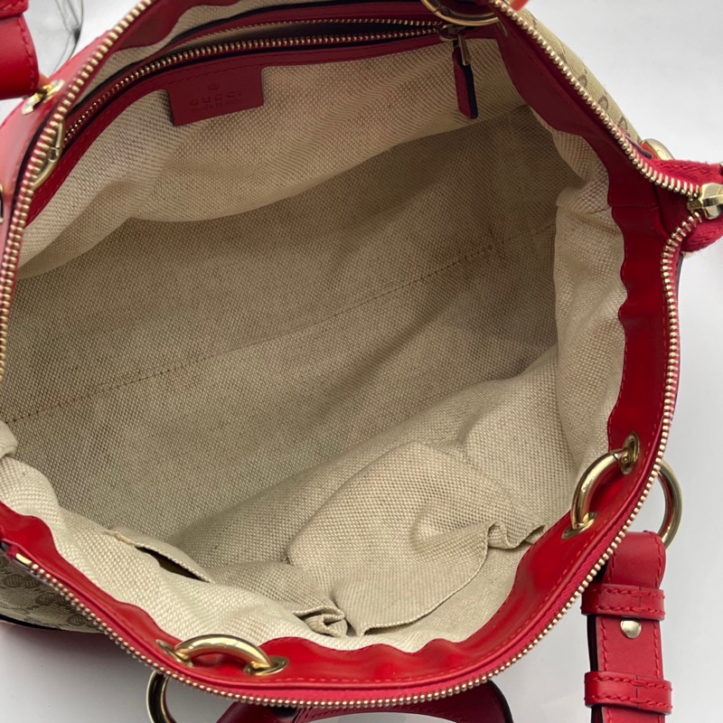 Gucci/古驰 爱心型挂饰帆布拼皮手提肩背包-5