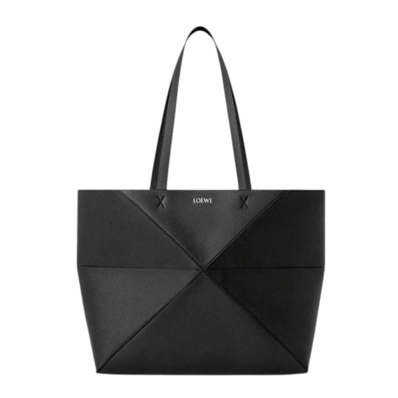 【LOEWE 羅威】Puzzle Fold Tote 橫式 中款 柔軟粒面小牛皮 折疊 肩背包 托特包 黑色-0