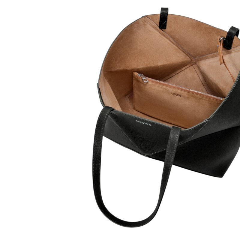 【LOEWE 羅威】Puzzle Fold Tote 橫式 中款 柔軟粒面小牛皮 折疊 肩背包 托特包 黑色-3