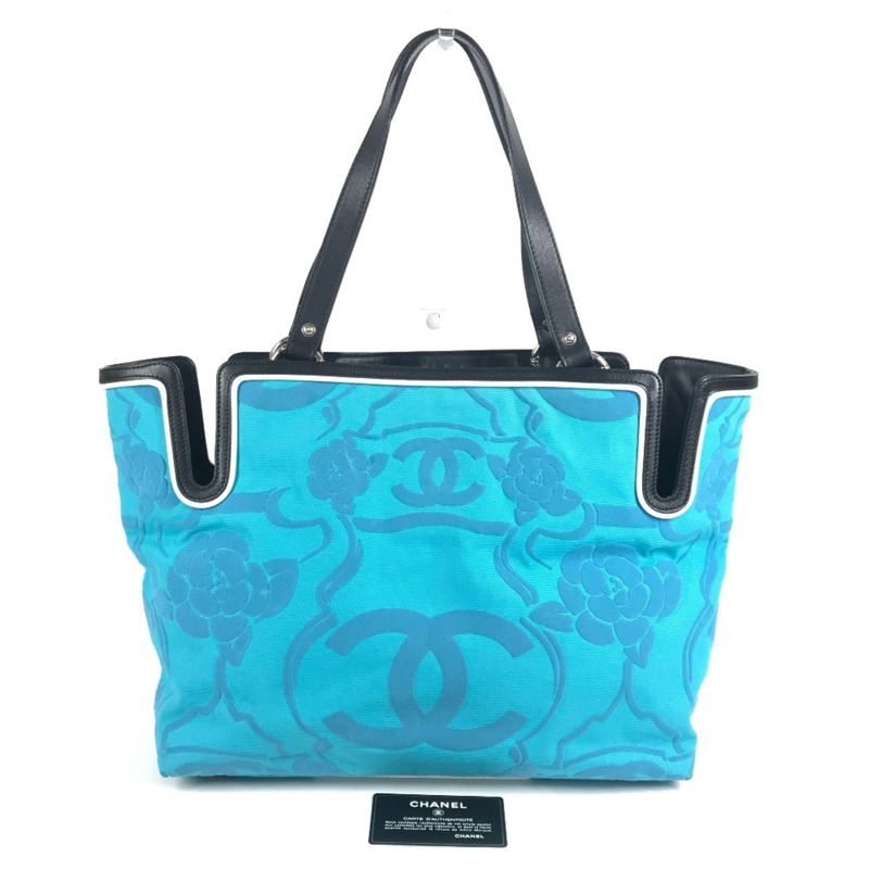 香奈兒復古標誌 CC 可可標誌 山茶花手提包 單肩雙色皮革帆布 女士藍色-0