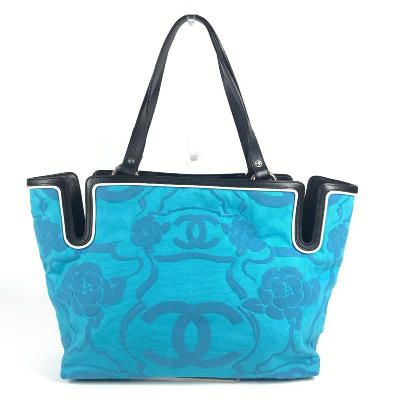 香奈兒復古標誌 CC 可可標誌 山茶花手提包 單肩雙色皮革帆布 女士藍色-1