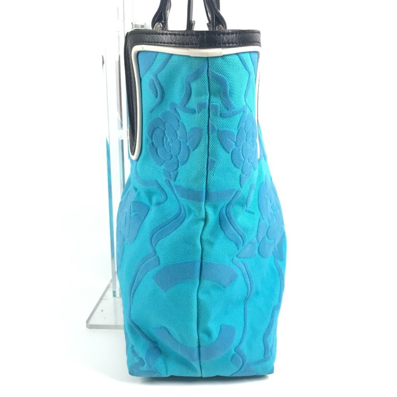 香奈兒復古標誌 CC 可可標誌 山茶花手提包 單肩雙色皮革帆布 女士藍色-2