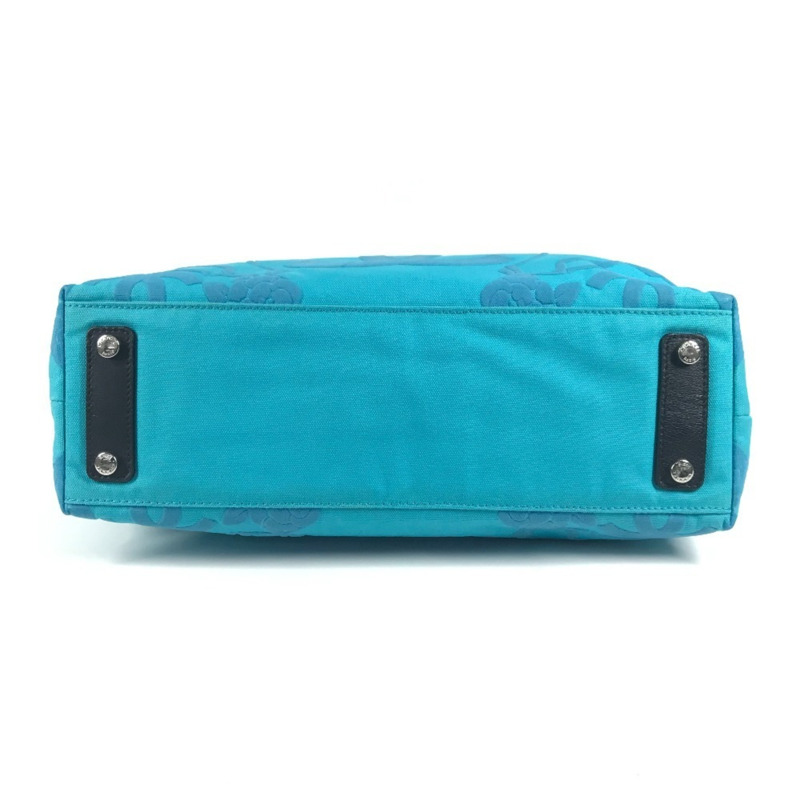 香奈兒復古標誌 CC 可可標誌 山茶花手提包 單肩雙色皮革帆布 女士藍色-4