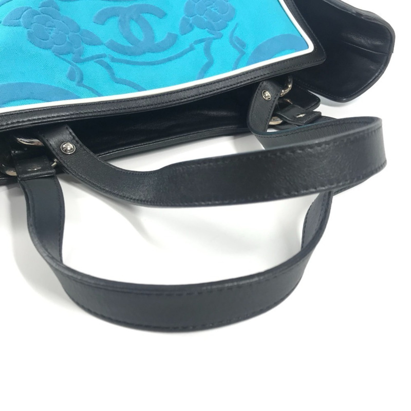 香奈兒復古標誌 CC 可可標誌 山茶花手提包 單肩雙色皮革帆布 女士藍色-9