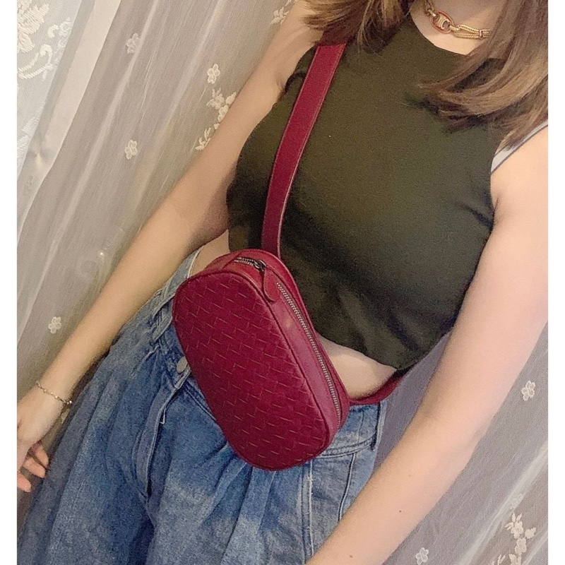 閒置全新未使用 Bottega Veneta 枣紅編織 腰包（附皮帶）可做斜挎包-1