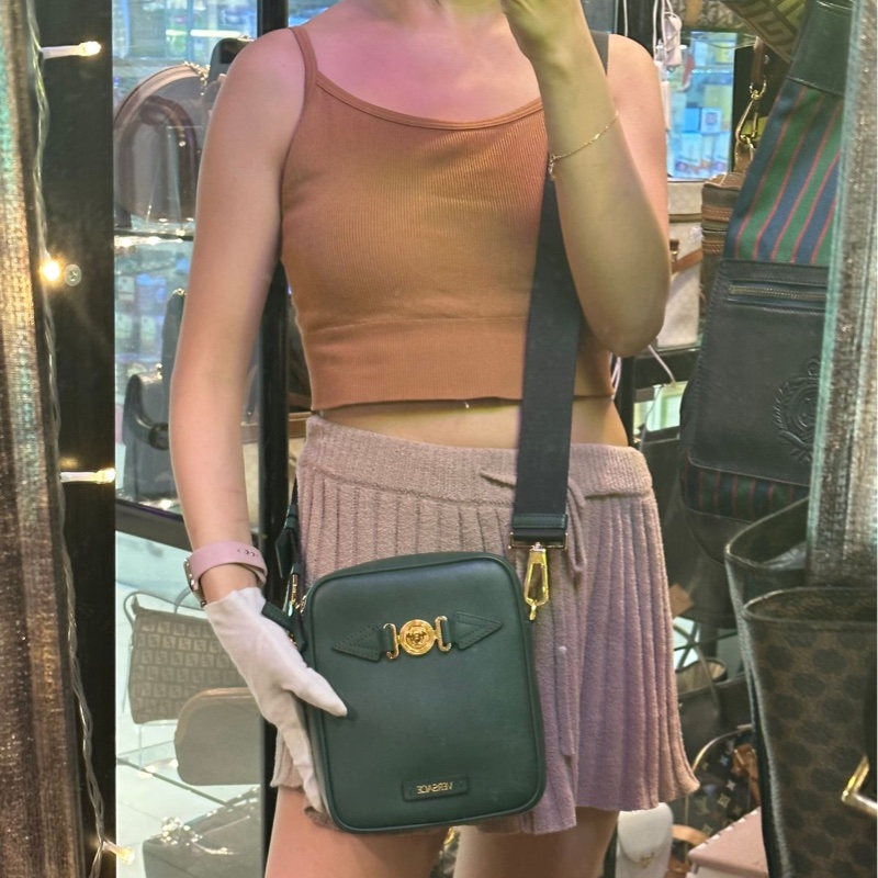 范思哲 男包 Versace 軍綠皮革美杜莎相機包 /斜挎包-10