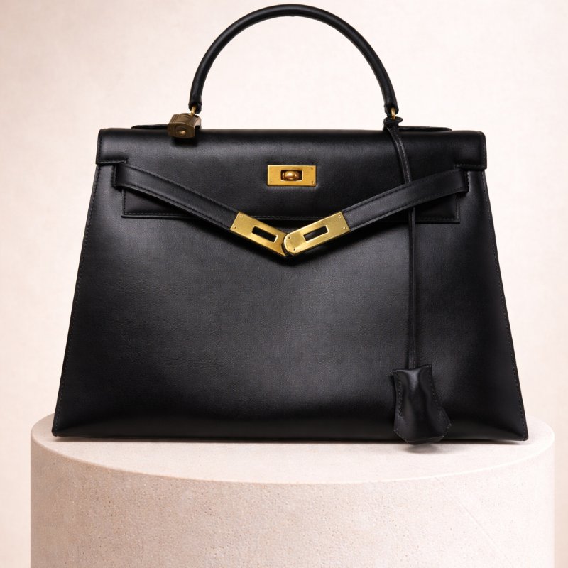 愛馬仕 Kelly 32 Sellier Box 皮 黑色 黑金 外縫 凱莉包 手提包 肩背包 金扣 GHW-0