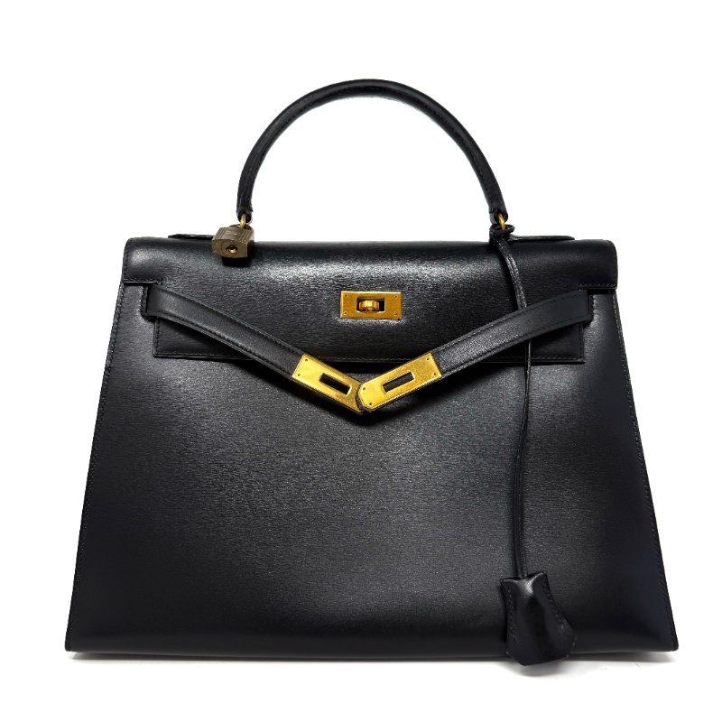 愛馬仕 Kelly 32 Sellier Box 皮 黑色 黑金 外縫 凱莉包 手提包 肩背包 金扣 GHW-1