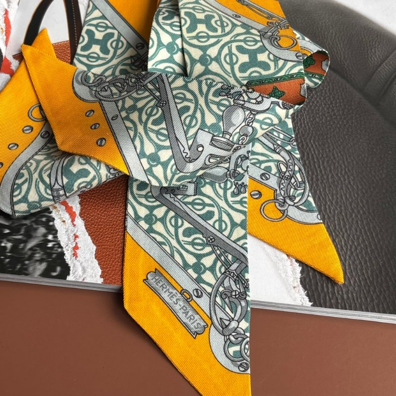 ::HERMES:: Scarf Twilly Horse Bit and Chain Silk Multicolor Orange Green 絲巾黃色/綠色/彩色-10