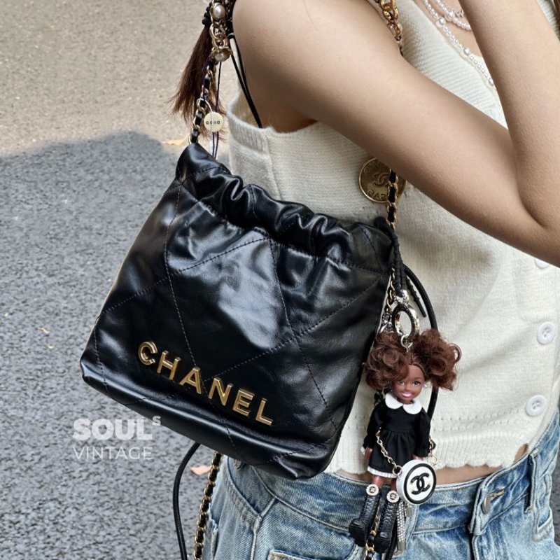 CHANEL 22 Mini bag 珍珠雙C鍊 - 黑金-14