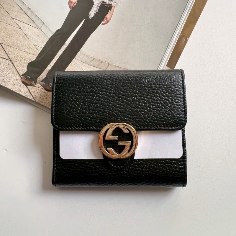 💥黑色不怕髒✨《全新商品》GUCCI 黑色金釦短夾-0