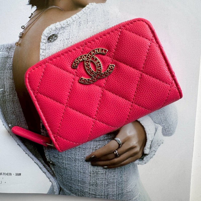 🩷狀況超新 Chanel 玫瑰粉銀雙C拉鍊零錢包-0