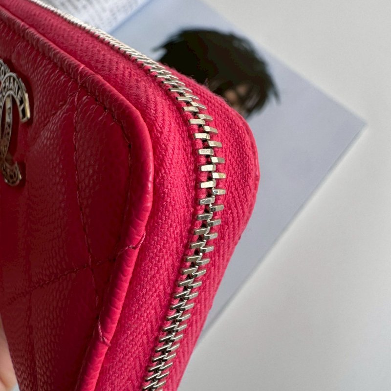 🩷狀況超新 Chanel 玫瑰粉銀雙C拉鍊零錢包-6