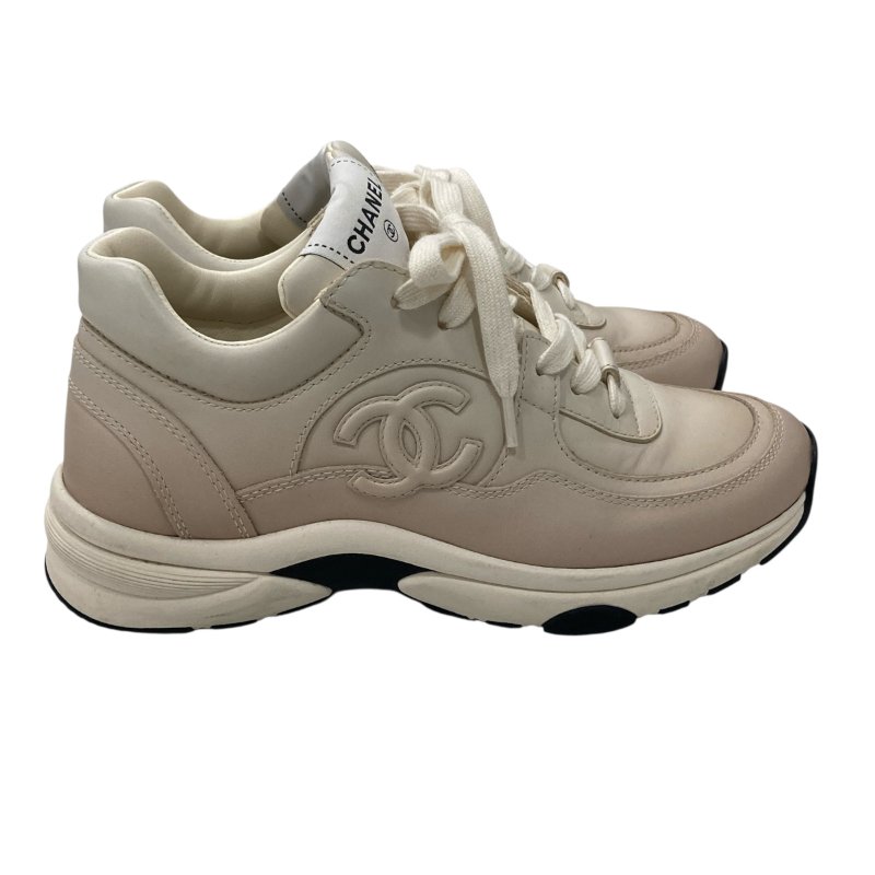 CHANEL 綁帶運動鞋 皮革 米白色-3