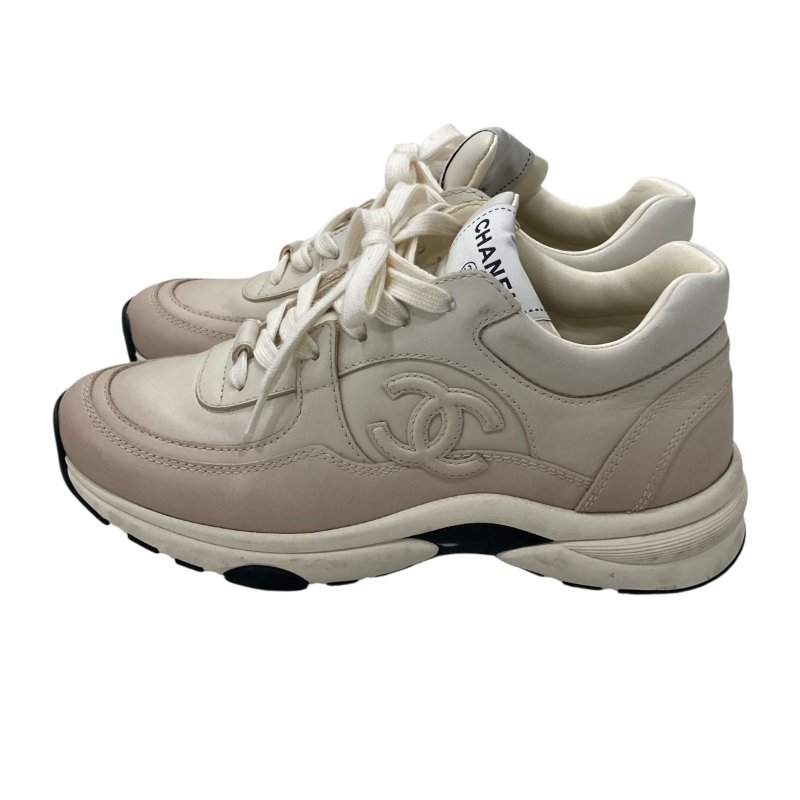 CHANEL 綁帶運動鞋 皮革 米白色-4