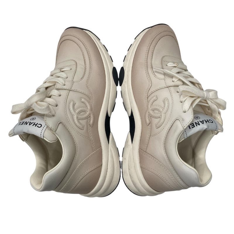 CHANEL 綁帶運動鞋 皮革 米白色-6