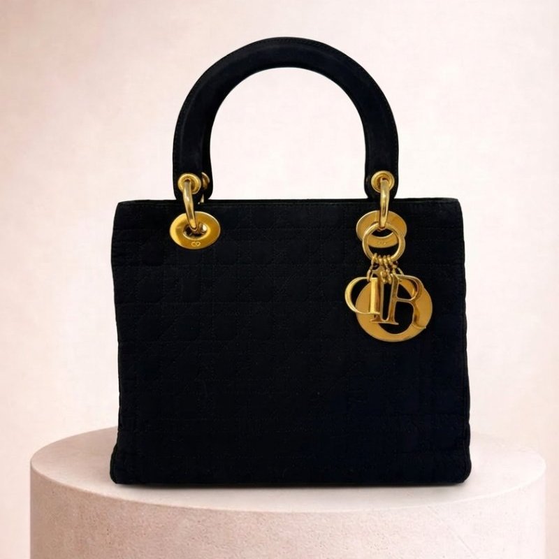 迪奧 Dior Lady Dior 黑色 Black 帆布 藤格紋 三格 黛妃包 戴妃包 手挽肩背兩用袋 手提包 斜背包 單肩包-0