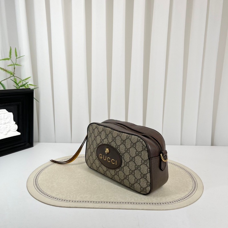 GUCCI古馳 Neo Vintage系列 燙金徽標金屬虎頭老花滿印織物肩帶 帆布拼皮相機包 斜挎包單肩包-2