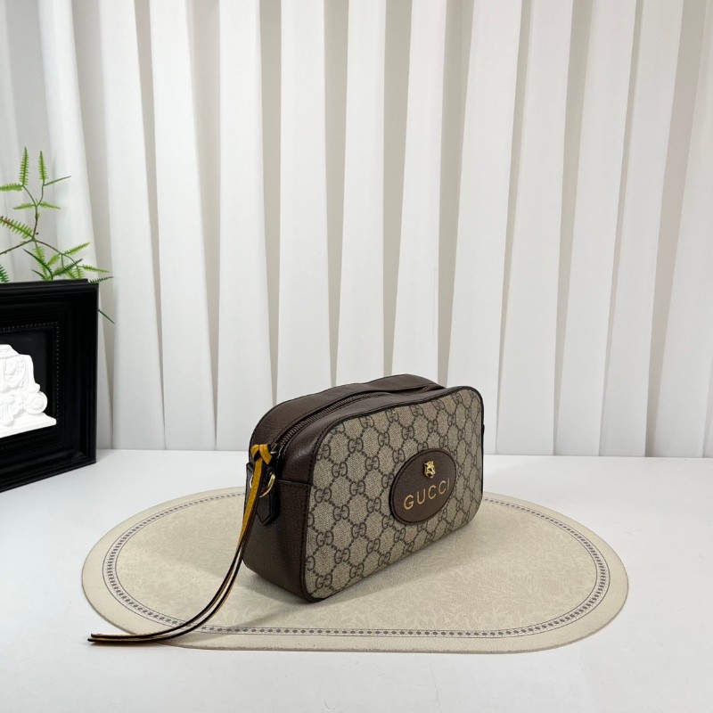 GUCCI古馳 Neo Vintage系列 燙金徽標金屬虎頭老花滿印織物肩帶 帆布拼皮相機包 斜挎包單肩包-3