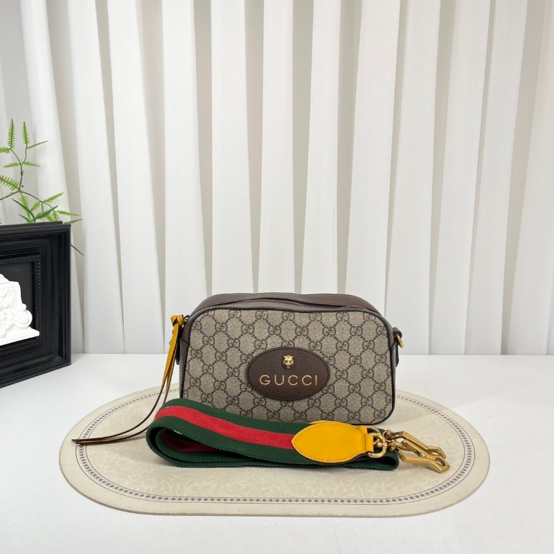GUCCI古馳 Neo Vintage系列 燙金徽標金屬虎頭老花滿印織物肩帶 帆布拼皮相機包 斜挎包單肩包-5
