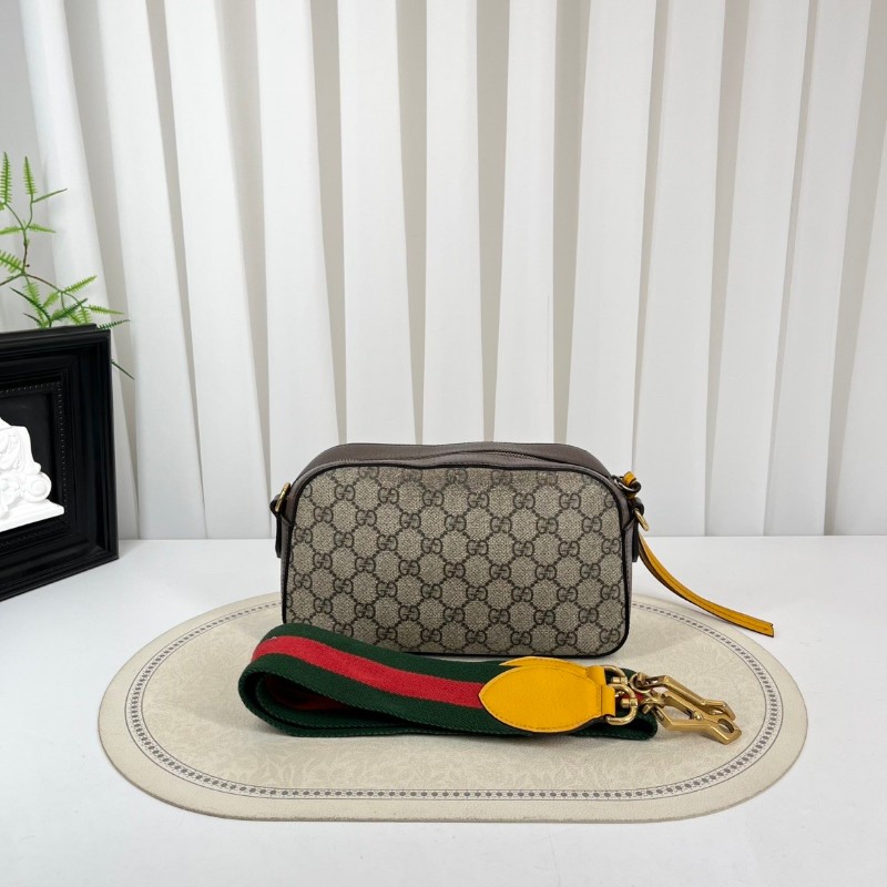 GUCCI古馳 Neo Vintage系列 燙金徽標金屬虎頭老花滿印織物肩帶 帆布拼皮相機包 斜挎包單肩包-6