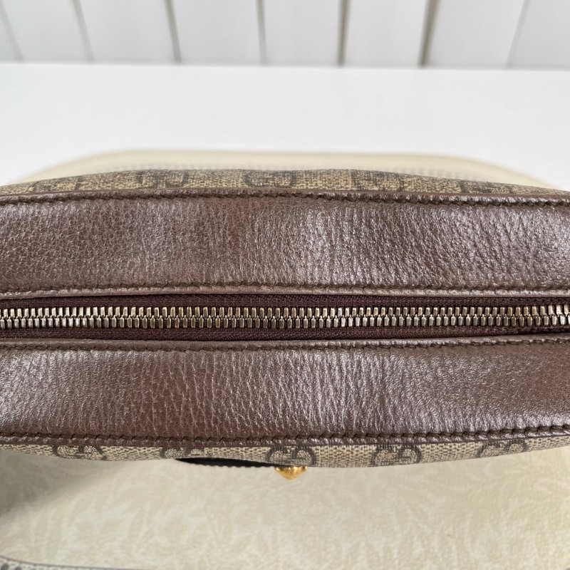 GUCCI古馳 Neo Vintage系列 燙金徽標金屬虎頭老花滿印織物肩帶 帆布拼皮相機包 斜挎包單肩包-19