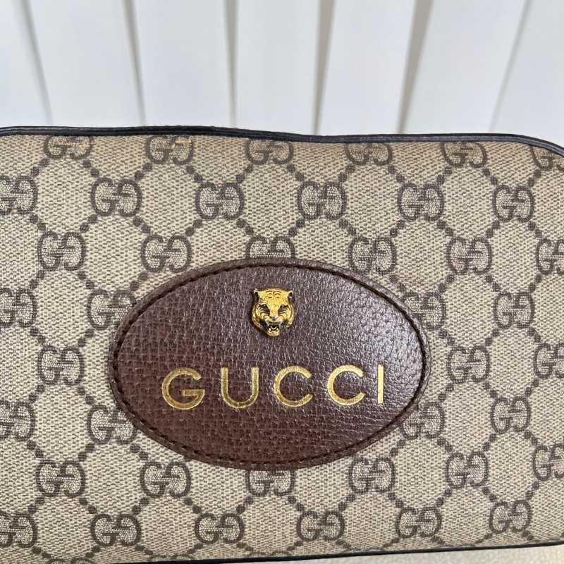 GUCCI古馳 Neo Vintage系列 燙金徽標金屬虎頭老花滿印織物肩帶 帆布拼皮相機包 斜挎包單肩包-20