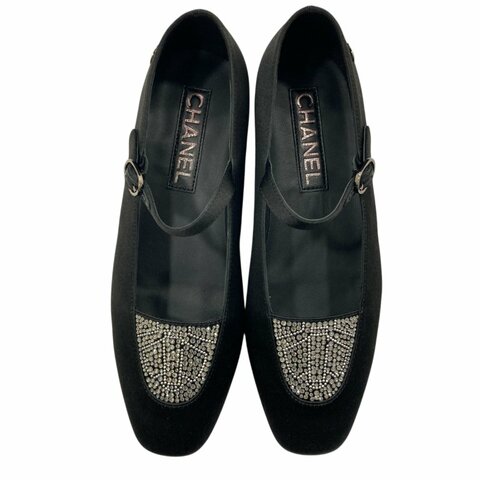 CHANEL 水鑽瑪莉珍鞋 緞面 黑色