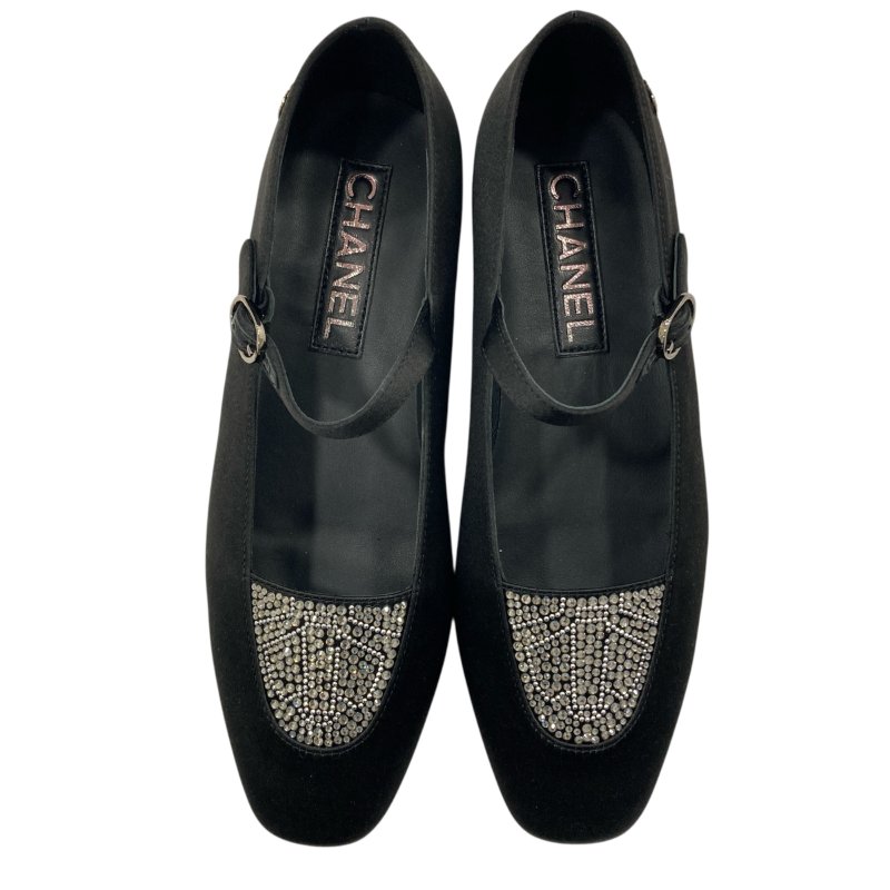 CHANEL 水鑽瑪莉珍鞋 緞面 黑色-0