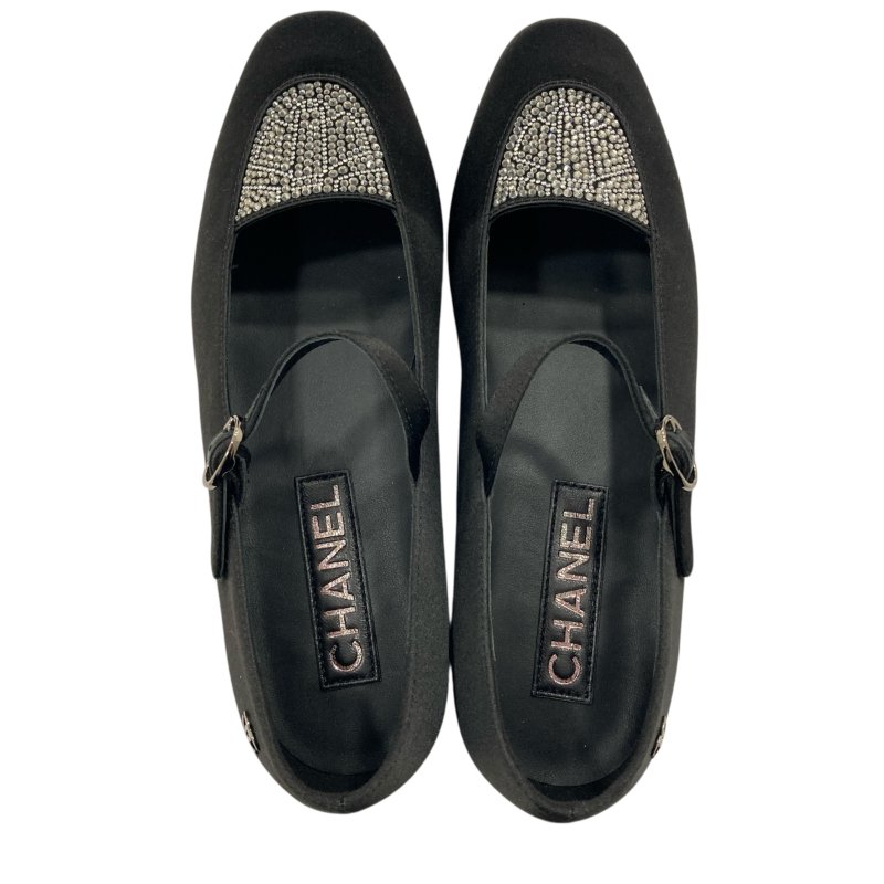 CHANEL 水鑽瑪莉珍鞋 緞面 黑色-1