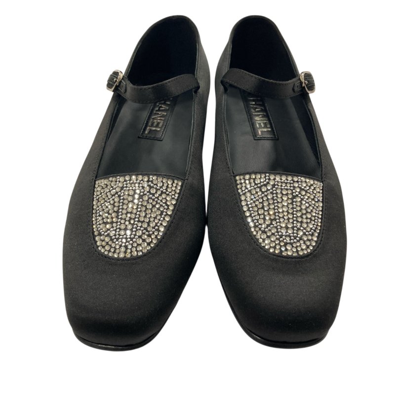 CHANEL 水鑽瑪莉珍鞋 緞面 黑色-2