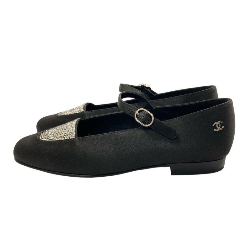CHANEL 水鑽瑪莉珍鞋 緞面 黑色-5