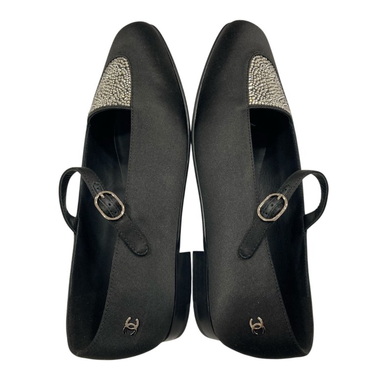 CHANEL 水鑽瑪莉珍鞋 緞面 黑色-7