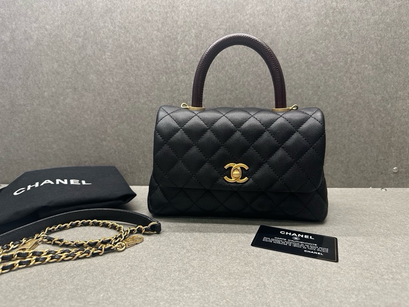 Chanel香奈兒Coco handle 憨豆 黑金紅蜥蜴手柄小號手提單肩斜挎包-9