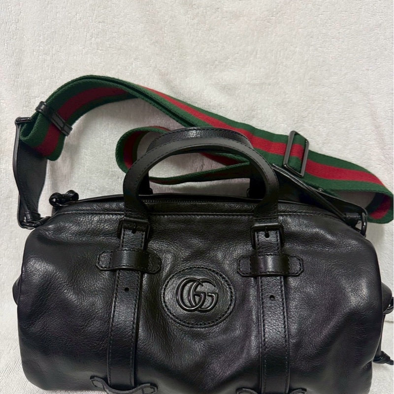 Gucci黑色皺紋皮革小號旅行袋（型號：725701）-5